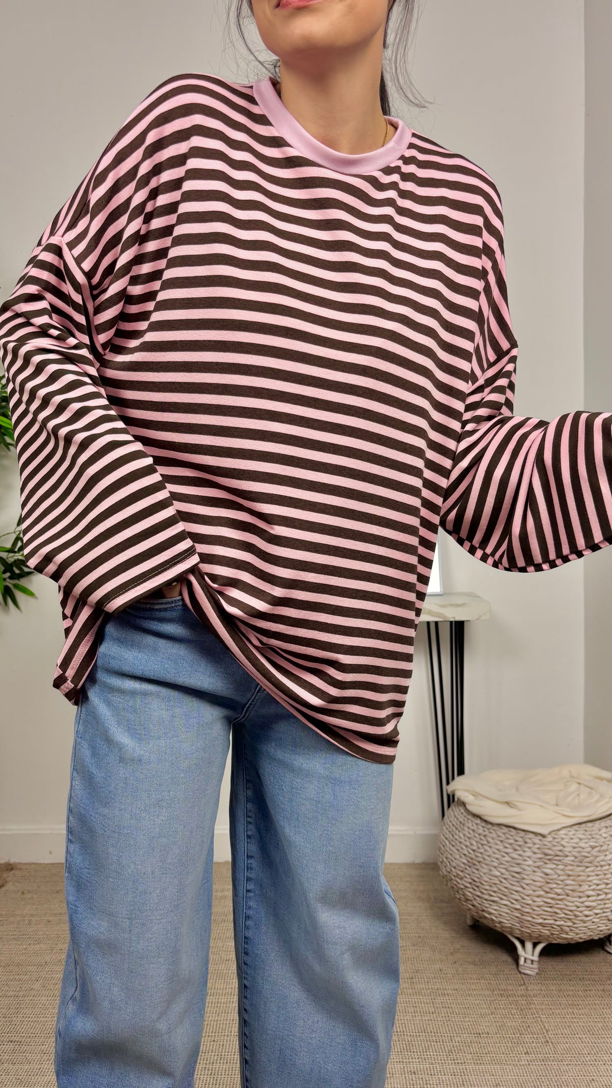 Camiseta Rayas Oversize Marrón/Rosa