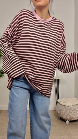 Camiseta Rayas Oversize Marrón/Rosa