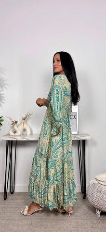 Vestido Seda India Beis/Turquesa