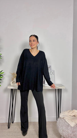 Jersey Strass Cuello Pico Negro