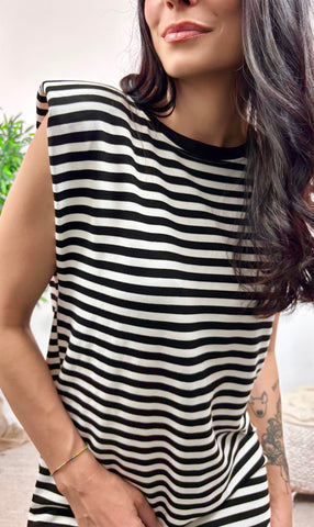 Vestido Hombreras Rayas Negro
