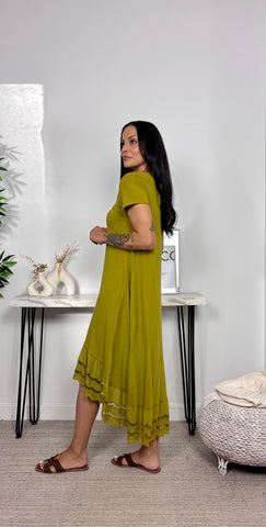 Vestido Basic Algodon Volante Brocado Verde Oliva