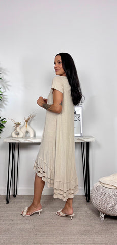 Vestido Basic Algodon Volante Brocado Arena