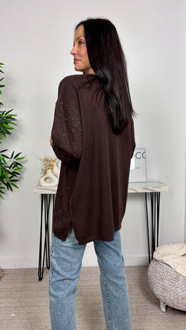 Jersey Strass Cuello Pico Marrón