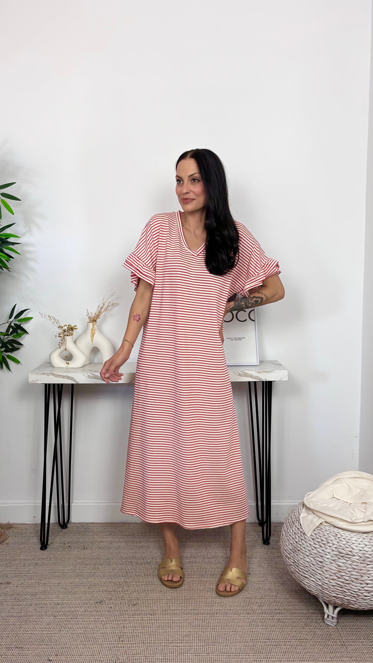 Vestido Rayas Manga Volante Rojo