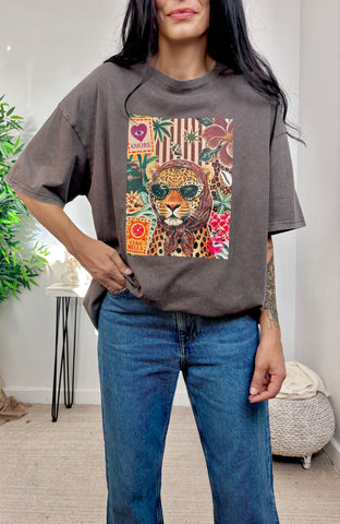 Camiseta Leopardo Negro Delavado