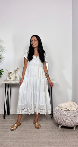 Vestido Basic Algodon Volante Brocado Blanco