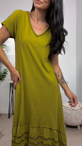 Vestido Basic Algodon Volante Brocado Verde Oliva