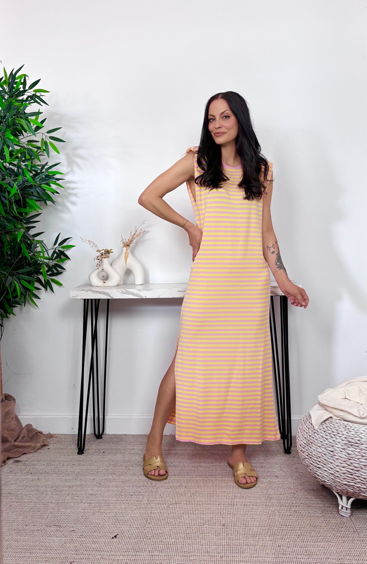 Vestido Hombreras Rayas Rosa/Amarillo