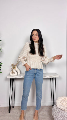 Blusa Cuadros Nido de Abeja Crudo