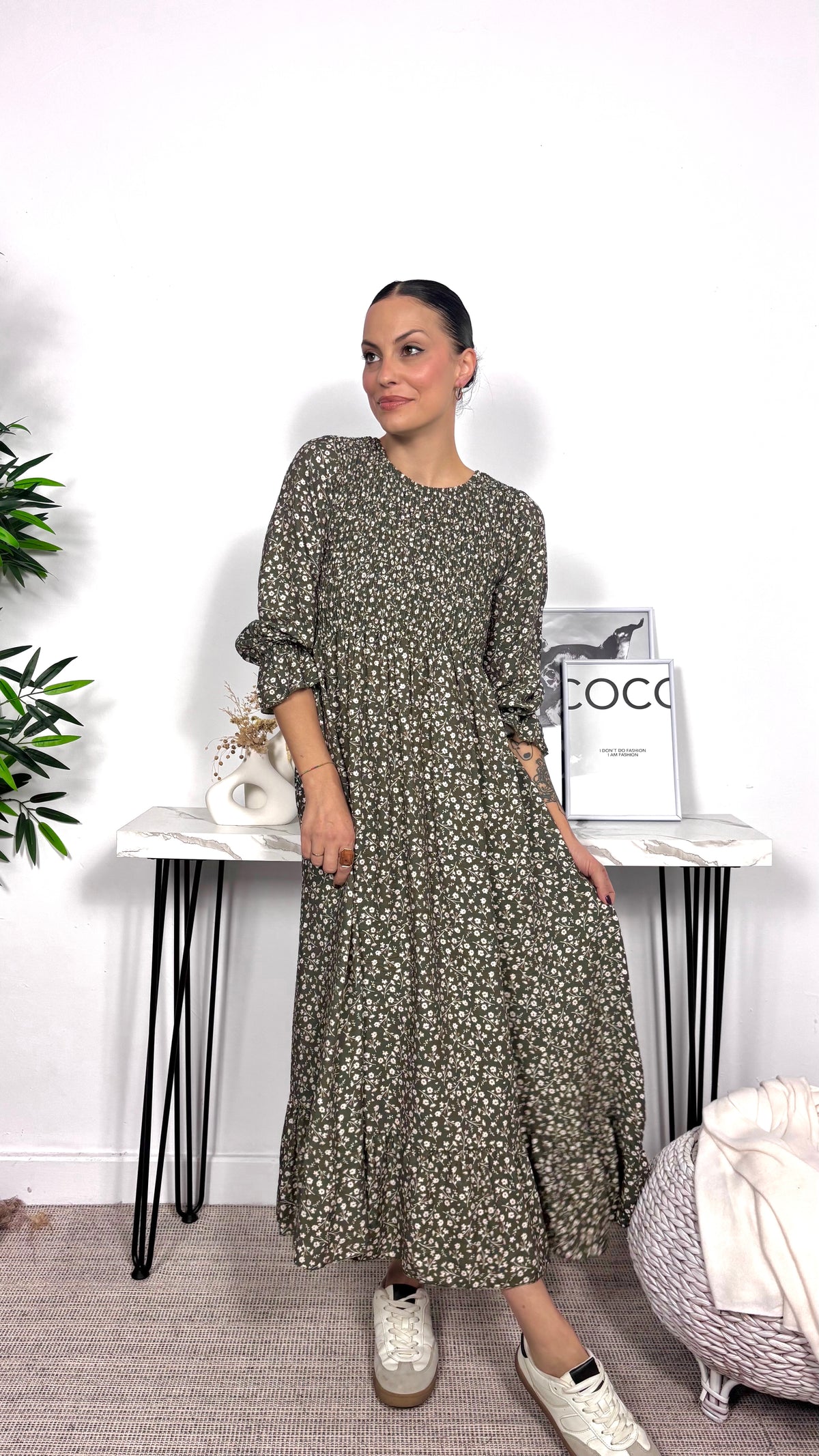 Vestido Nido de Abeja Caqui