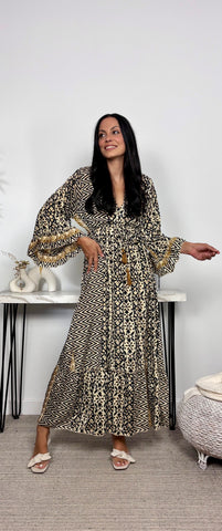 Vestido Seda India Beis/ Negro