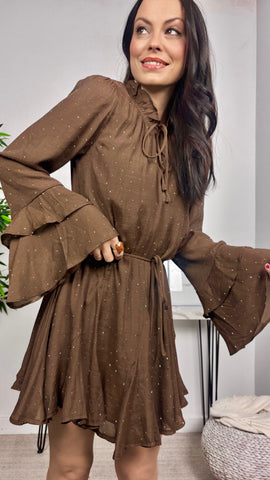 Vestido Tachas mini Volantes Marrón