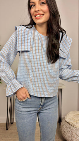 Blusa Cuadros Hombrera Azul