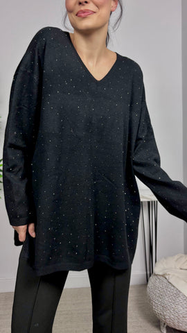 Jersey Strass Cuello Pico Negro