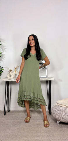 Vestido Basic Algodon Volante Brocado Caqui