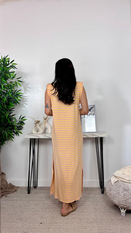Vestido Hombreras Rayas Rosa/Amarillo