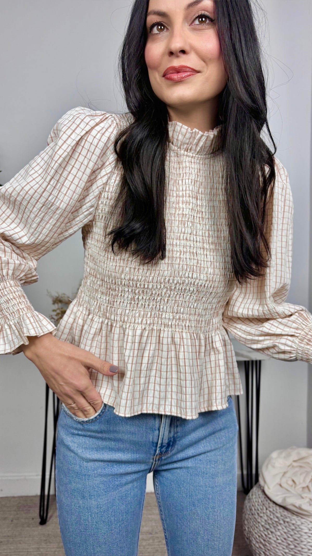 Blusa Cuadros Nido de Abeja Crudo