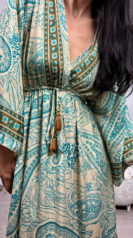 Vestido Seda India Beis/Turquesa