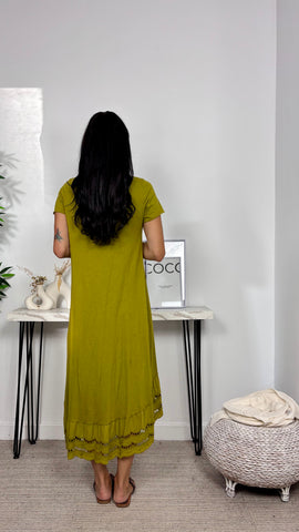 Vestido Basic Algodon Volante Brocado Verde Oliva