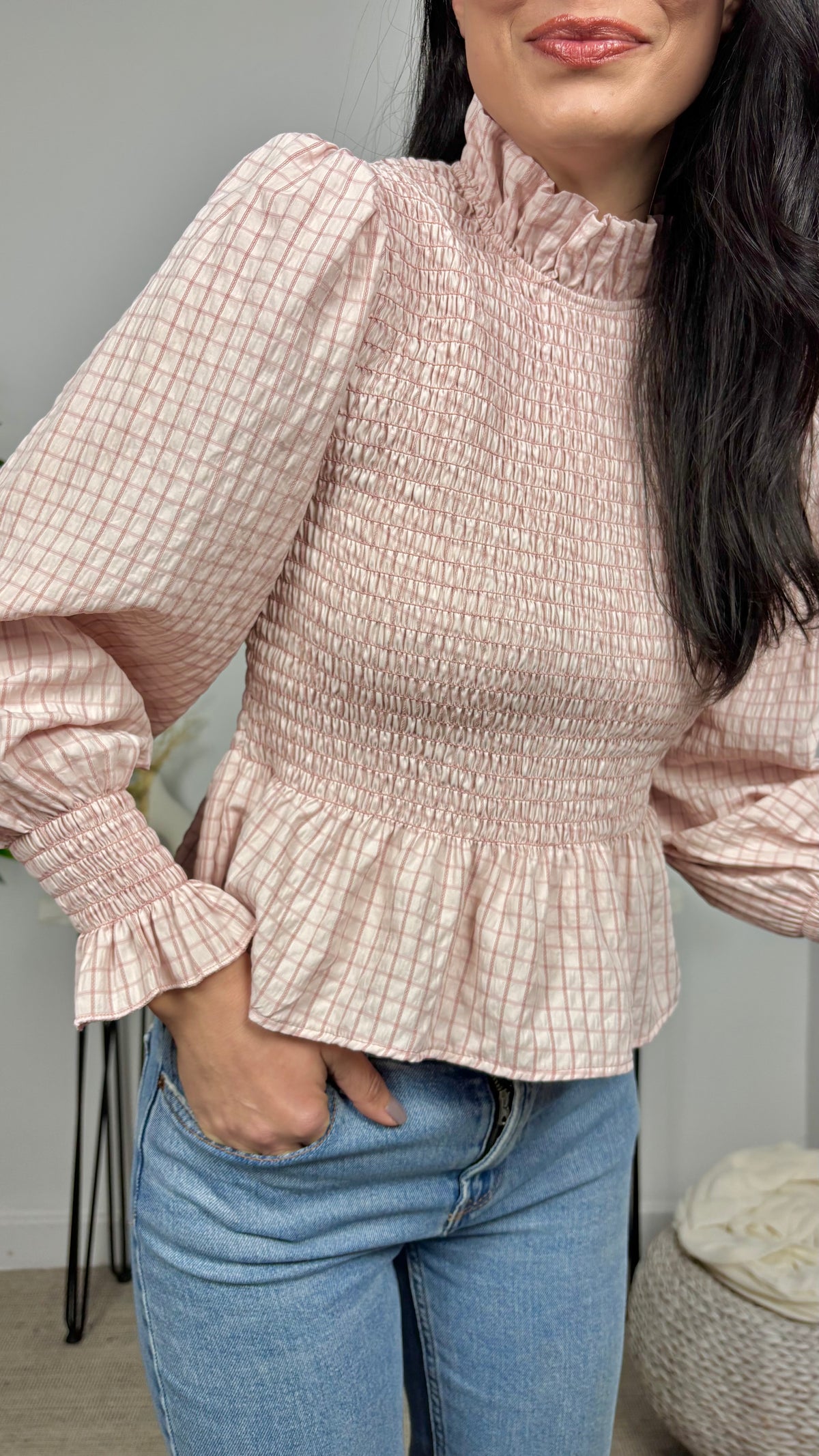 Blusa Cuadros Nido de Abeja Rosa