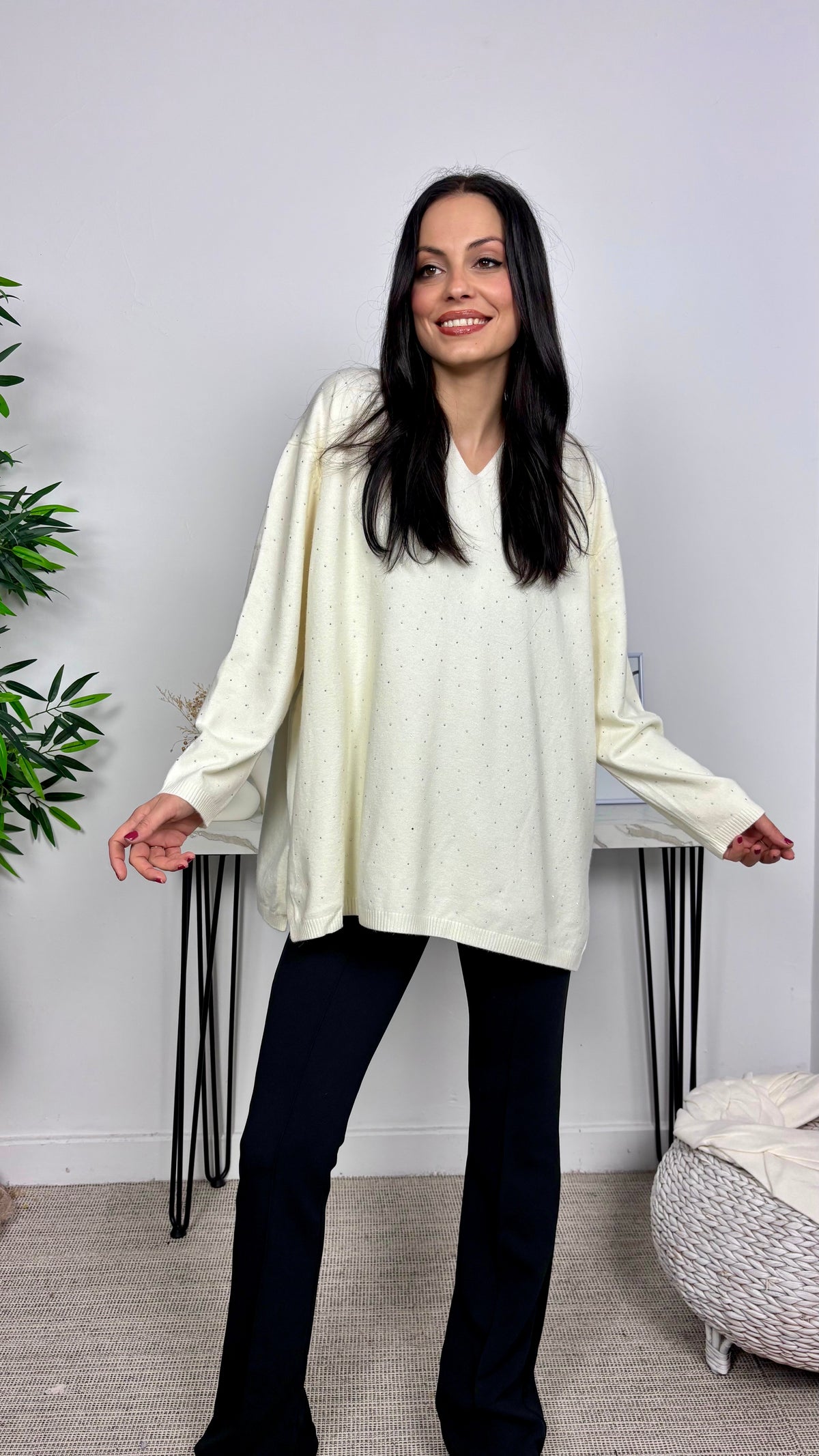 Jersey Strass Cuello Pico Crudo