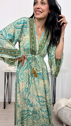 Vestido Seda Manga Pico Verde Agua