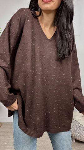Jersey Strass Cuello Pico Marrón