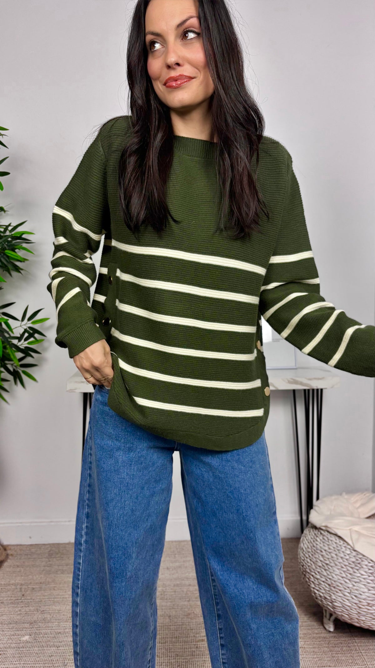 Jersey Rayas Botones Decorativos Verde