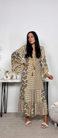 Vestido Seda India Beis/Negro