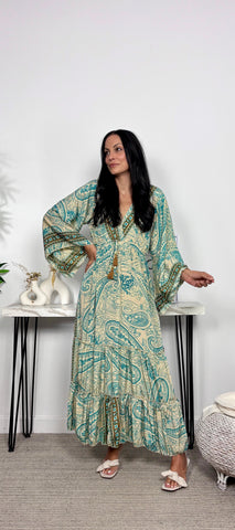 Vestido Seda India Beis/Turquesa