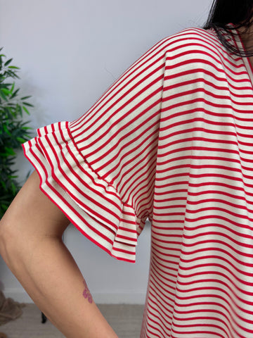 Vestido Rayas Manga Volante Rojo