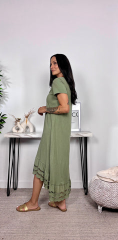 Vestido Basic Algodon Volante Brocado Caqui