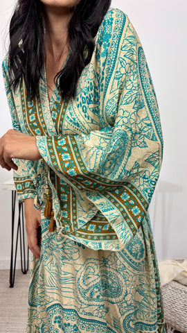 Vestido Seda Manga Pico Verde Agua