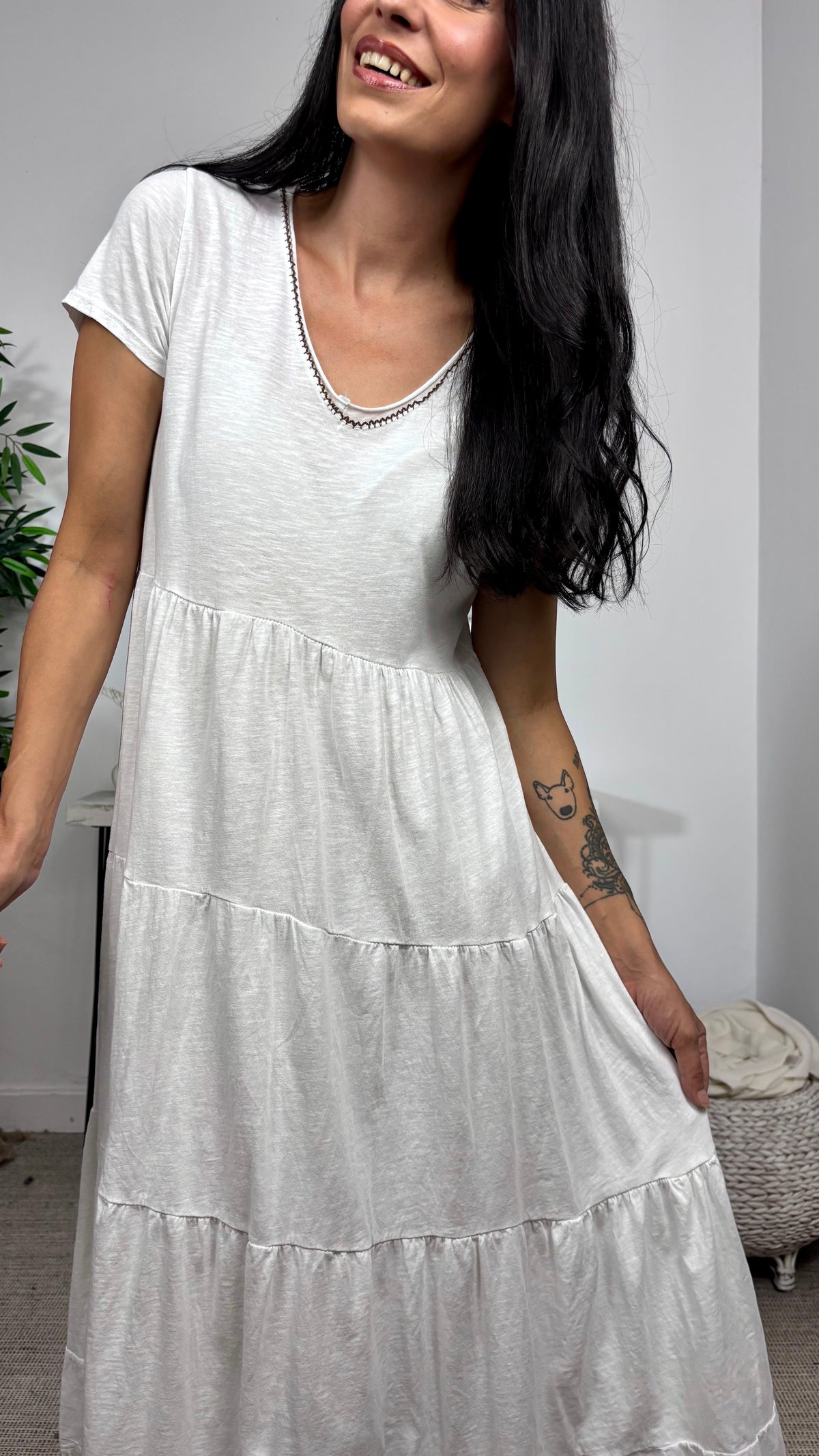 Vestido Basic Algodon Volante Brocado Blanco