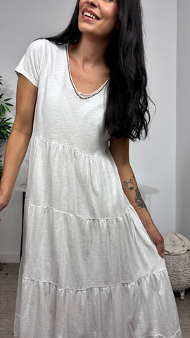 Vestido Basic Algodon Volante Brocado Blanco