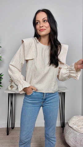 Blusa Cuadros Hombrera Beis