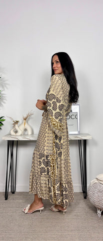 Vestido Seda India Beis/Negro