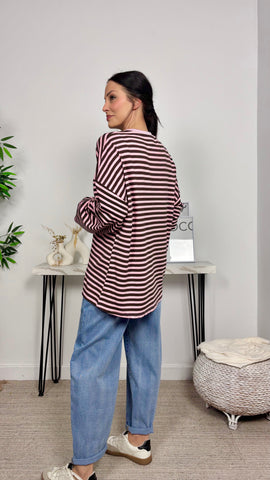 Camiseta Rayas Oversize Marrón/Rosa