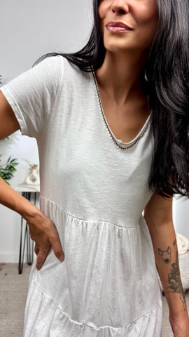 Vestido Basic Algodon Volante Brocado Blanco
