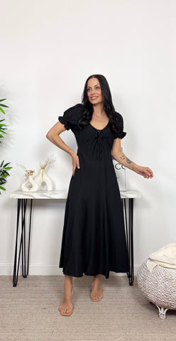 Vestido Escote Fruncido Negro