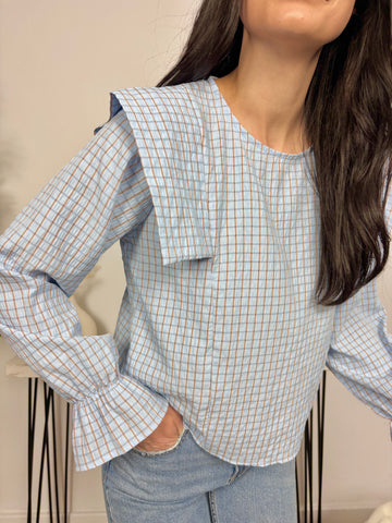 Blusa Cuadros Hombrera Azul