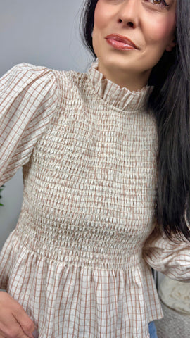 Blusa Cuadros Nido de Abeja Crudo