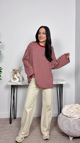 Camiseta Rayas Oversize Granate