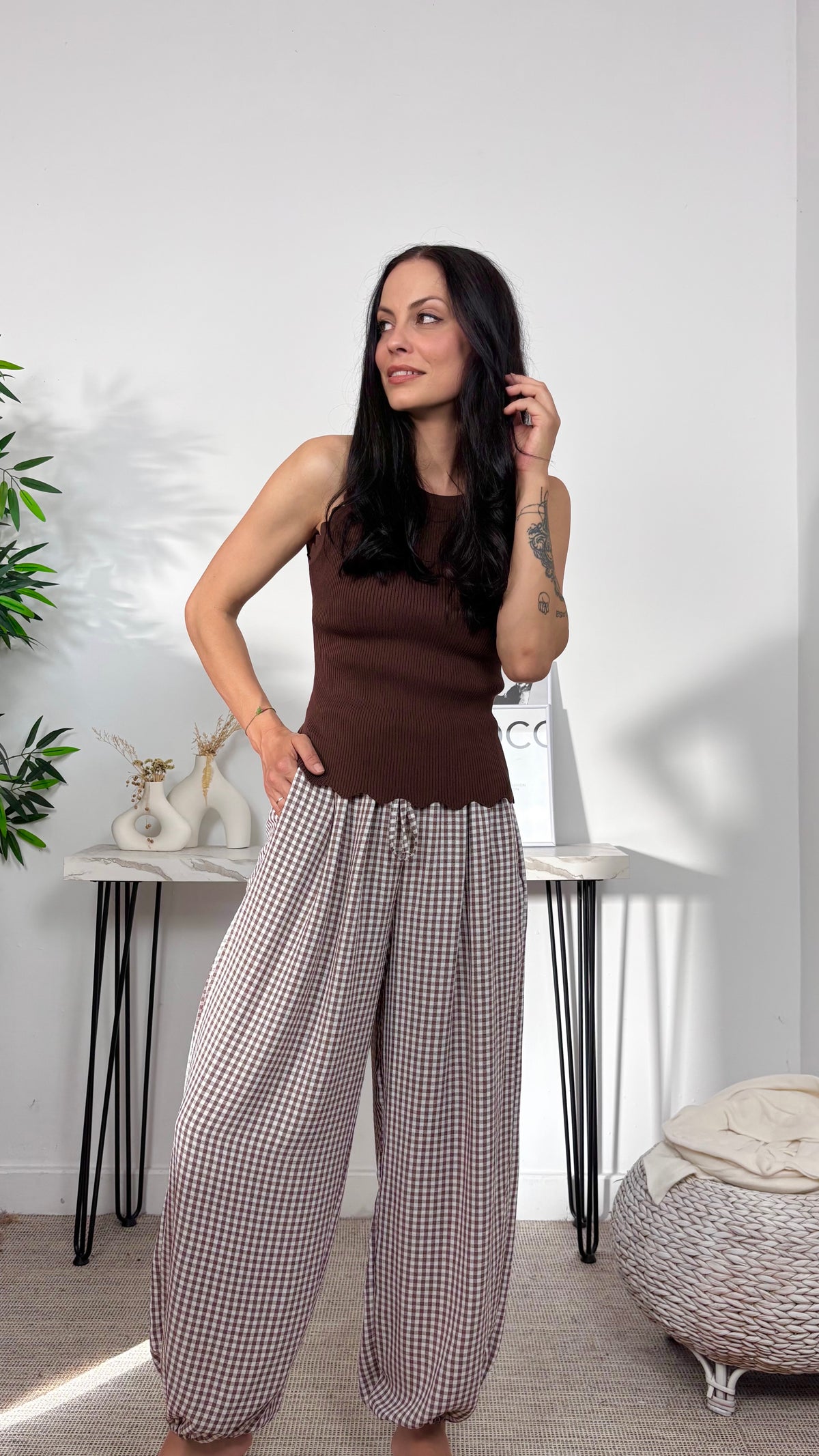 Pantalón Vichy Bombacho Marrón