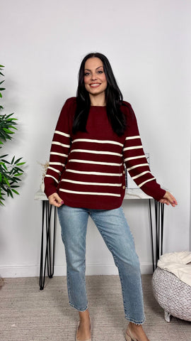 Jersey Rayas Botones Decorativos Burdeos