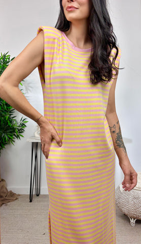 Vestido Hombreras Rayas Rosa/Amarillo