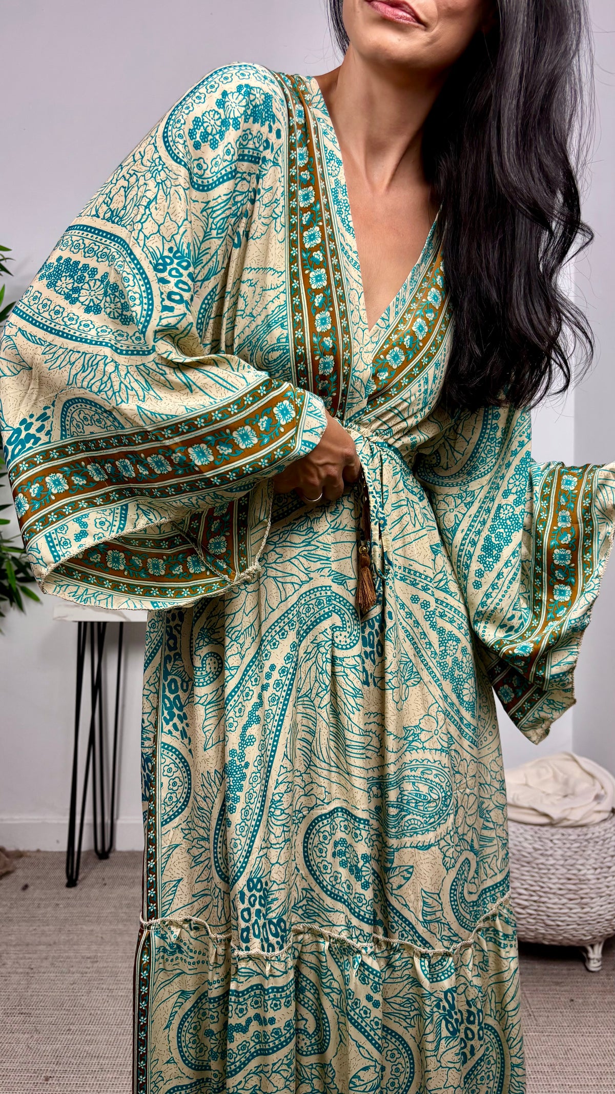 Vestido Seda India Beis/Turquesa