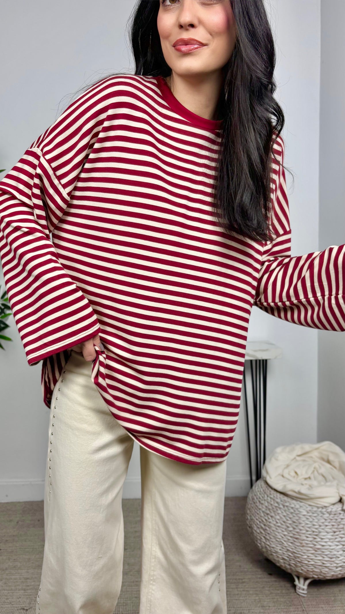 Camiseta Rayas Oversize Granate