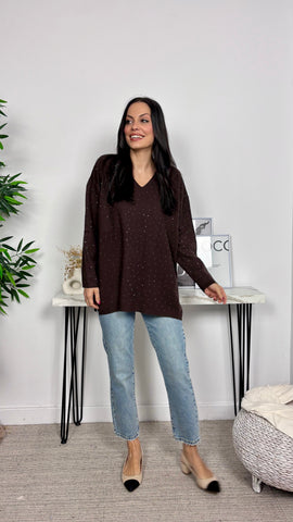 Jersey Strass Cuello Pico Marrón